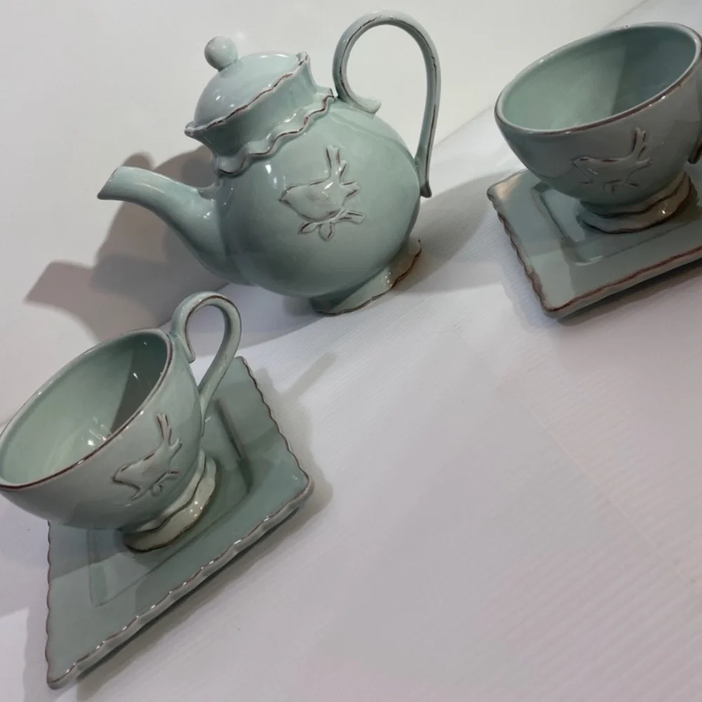 Vintage Tea Set Bird Teapot Teacup Delicate Floral Hand Painted Hand Crafted Art